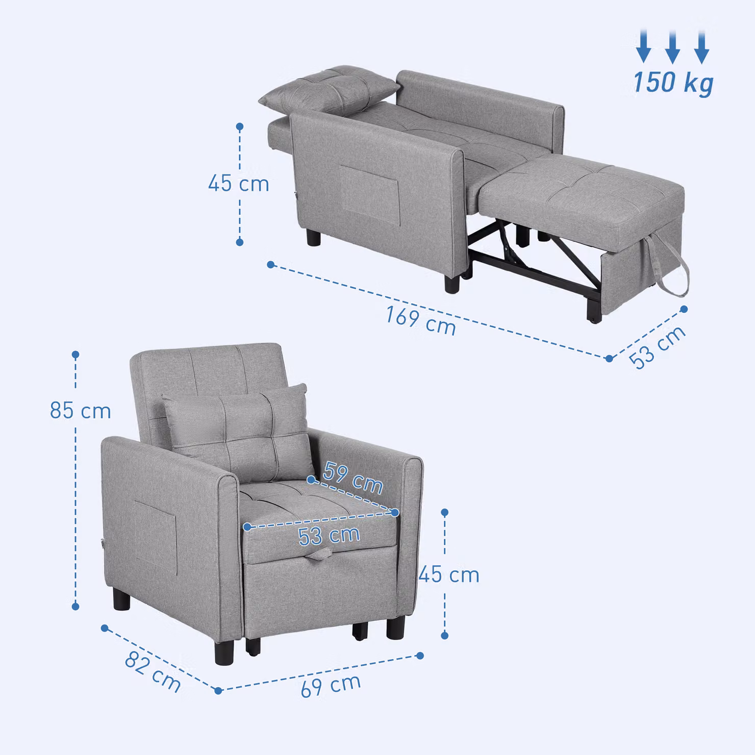 HOMCOM Single Folding Chair Bed in Light Grey with Linen-Look Fabric and Metal Frame – 3