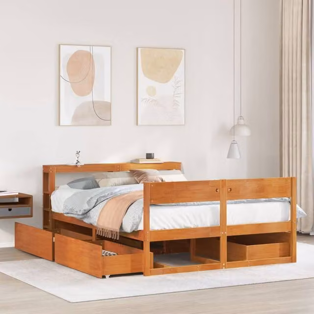 Berkfield Home Rustic Waxed Pine Double Bed Frame in Brown, W/D/H: 135 x 190 cm – 1