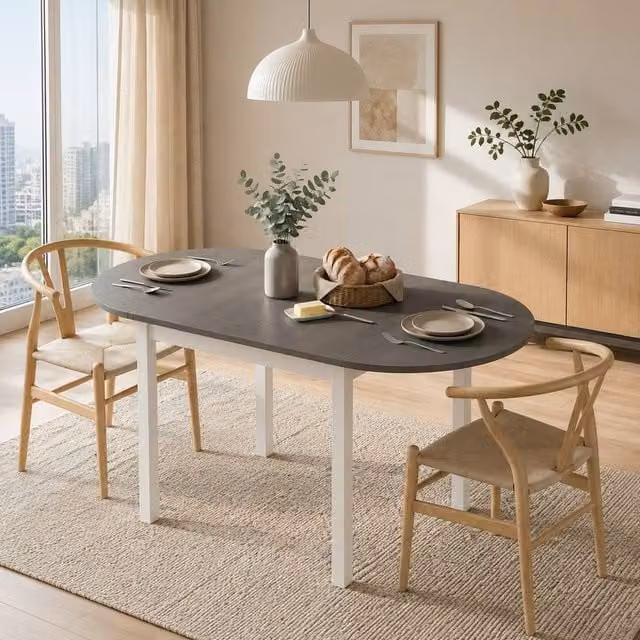 STILVORA Grey Pine Wood 4-6 Seater Drop Leaf Oval Dining Table