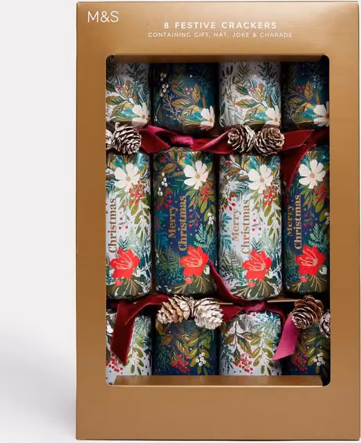 M&S 8 Luxury Christmas Crackers with Traditional Floral Foliage Designs in Multicolour