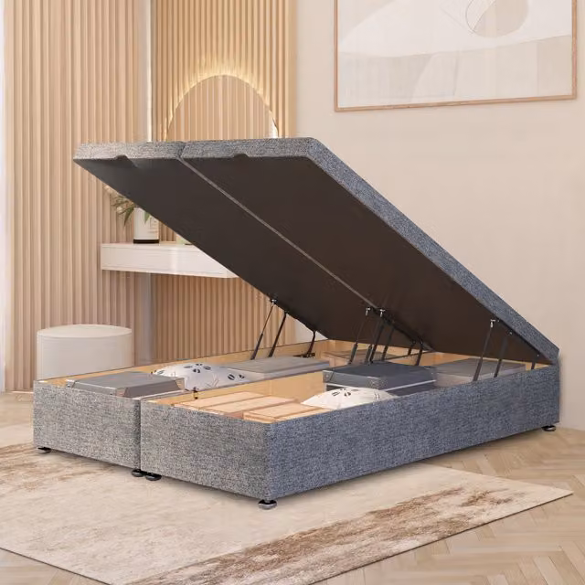 Somnior Beds Ltd Ottoman Divan Bed Frame with Gas Lift End Opening in Grey Tweed Fabric, W/D/H: 150 x 203 x 153 cm