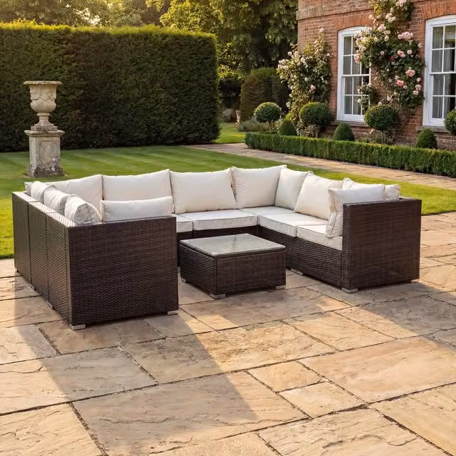 Artemis Home Oliena 8 Seat Modular Rattan Small U-Shape Garden Furniture Set in Brown and Beige