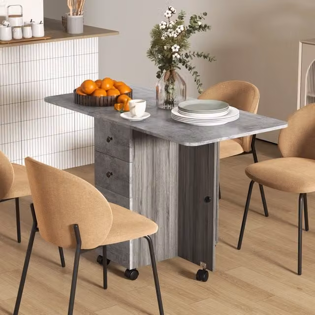 HOMCOM Folding Dining Table with Drop Leaf, Drawers, Cabinet and Open Shelf in Mixed Grey
