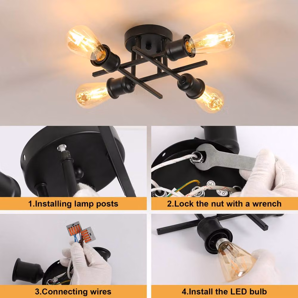 Pheashine Black 4-Light Semi-Flush Ceiling Light, Industrial Metal Design, Diameter: 28 cm – 4