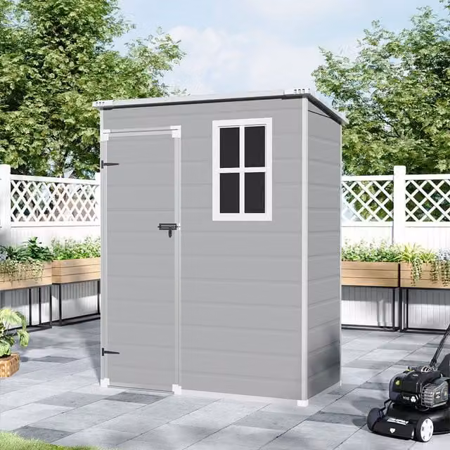 Lifeideas Plastic Pent Tool Storage Shed with Window and Floor, Grey and Black, W/D/H: 140 x 80.5 x 187.5 cm