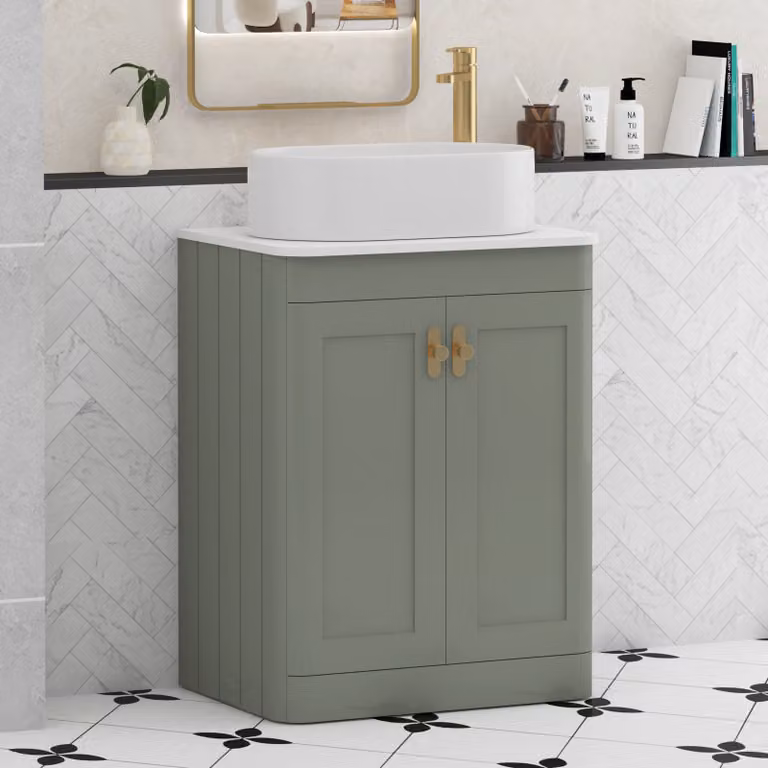 Royal Bathrooms Henley 600mm Sage Green Floor Standing 2 Door Vanity Unit with Plain White Worktop, Peak Basin and Brushed Brass Knob