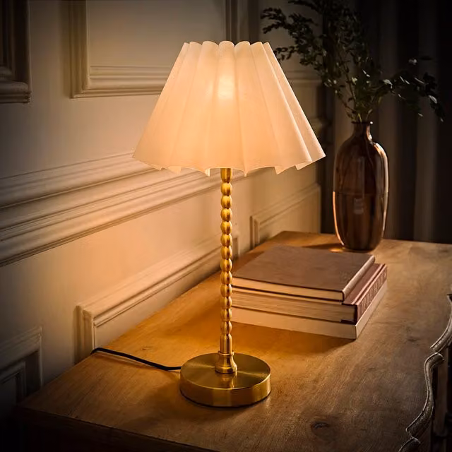 Maeve Brushed Gold Bobble Table Lamp with White Pleated Tapered Shade and LED Bulb