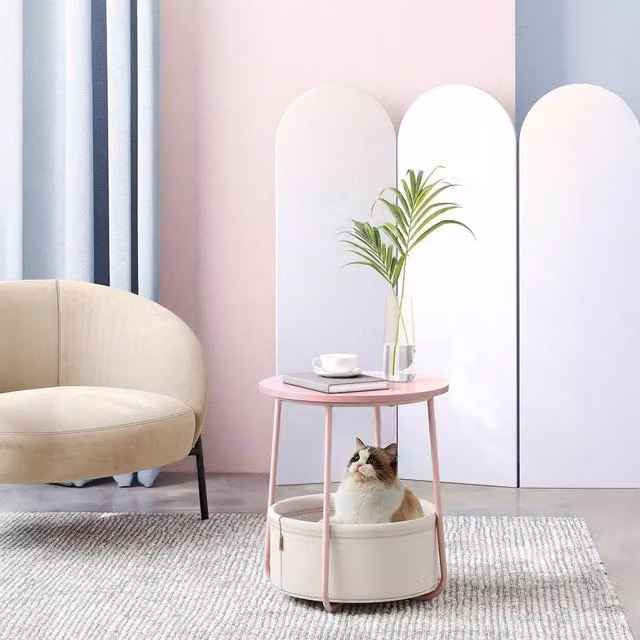 VASAGLE Round Pink Side Table with Fabric Basket and Metal Legs