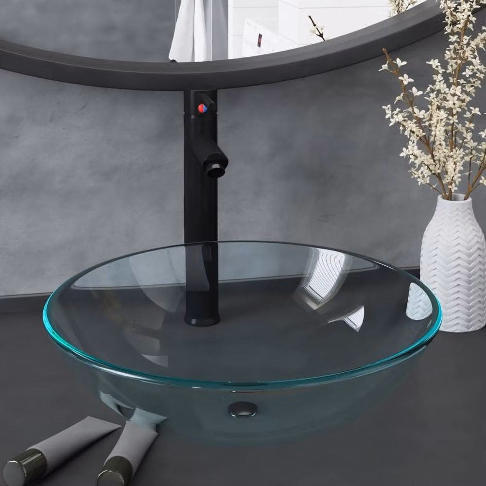 Berkfield Home Round Countertop Bathroom Sink with Tap and Push Drain in Black Transparent Tempered Glass – 2
