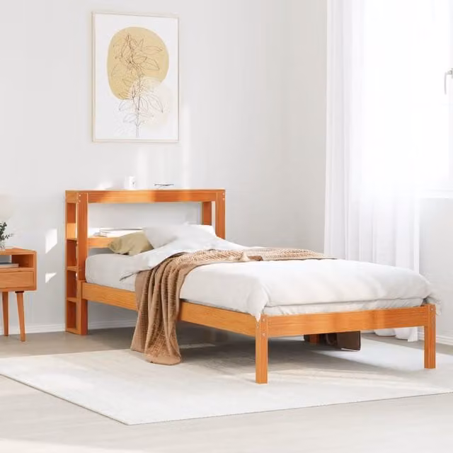 Berkfield Home Small Single Bed Frame with Headboard and Side Compartments in Wax Brown Solid Pine Wood, W/D/H: 75 x 190 x 75 cm – 1