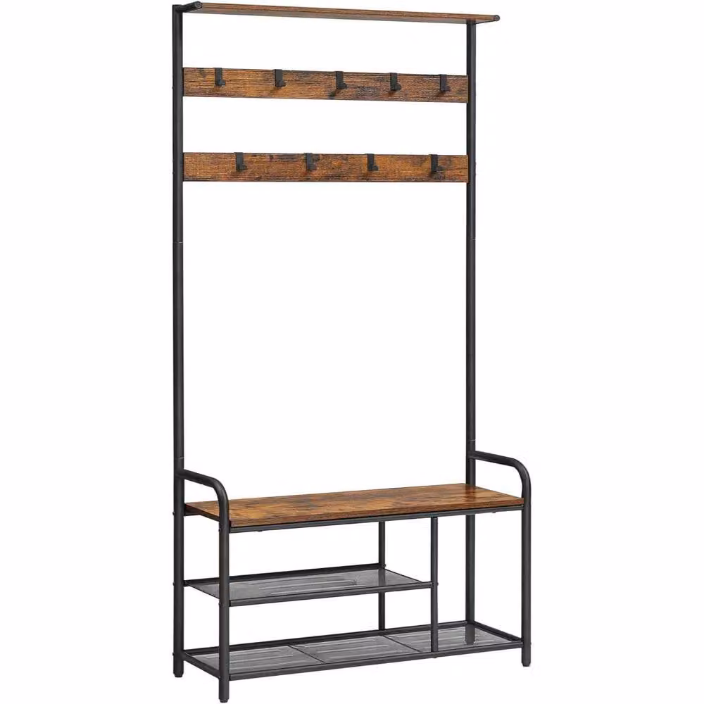 The Bazaarist Industrial Hall Tree with Bench and 9 Hooks, Brown and Black – 2