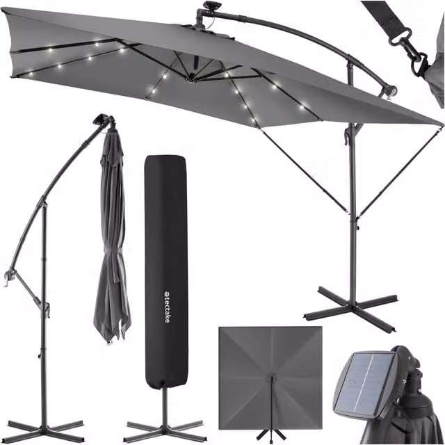 tectake Sunna LED-Solar Cantilever Sunshade with Crank in Light Grey