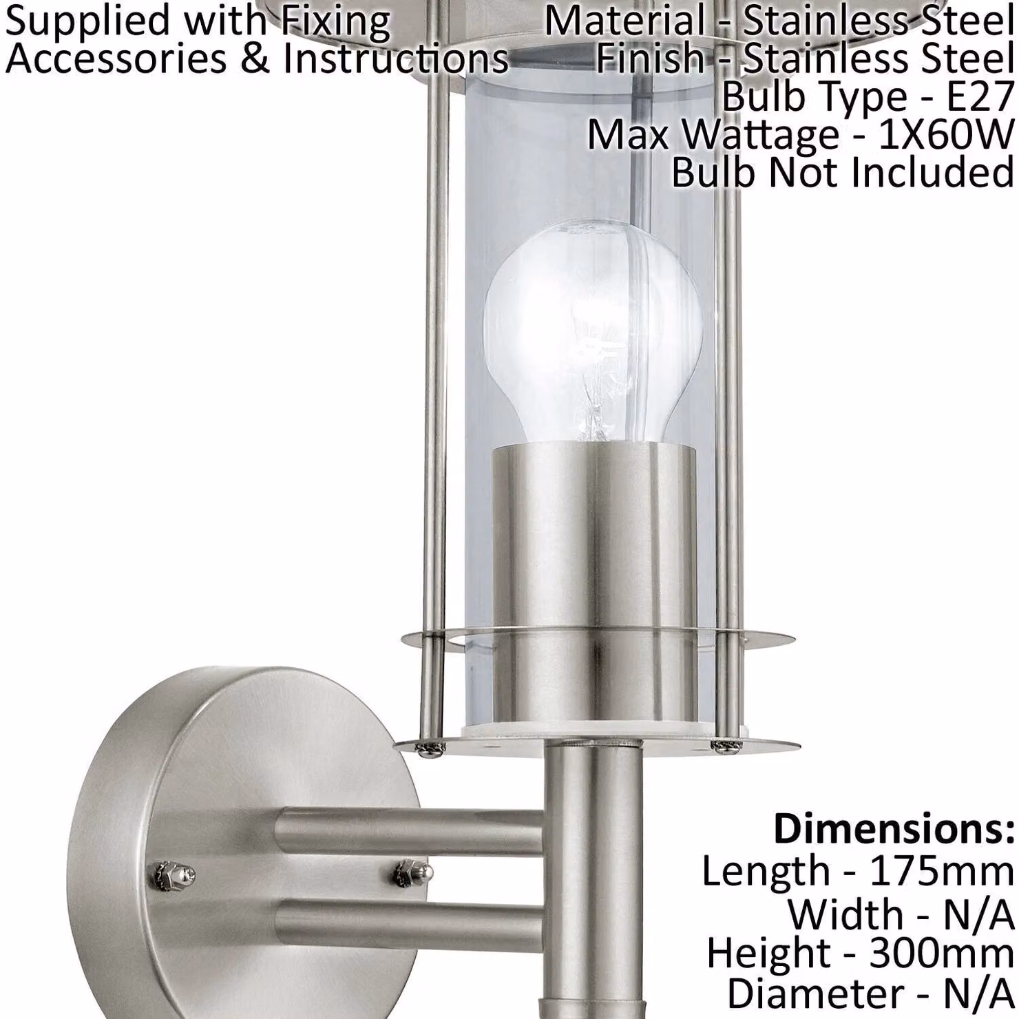 Loops 2 Pack IP44 Outdoor Wall Lanterns in Silver Stainless Steel and Transparent Glass with E27 Socket – 2