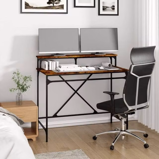 Berkfield Home Charming Writing Desk in Smoked Oak and Brown, W/D/H: 100 x 50 x 90 cm