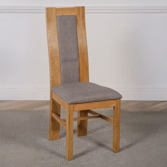 Thats Furniture Modern Lacquered Oak Dining Chairs in Grey and Brown Fabric