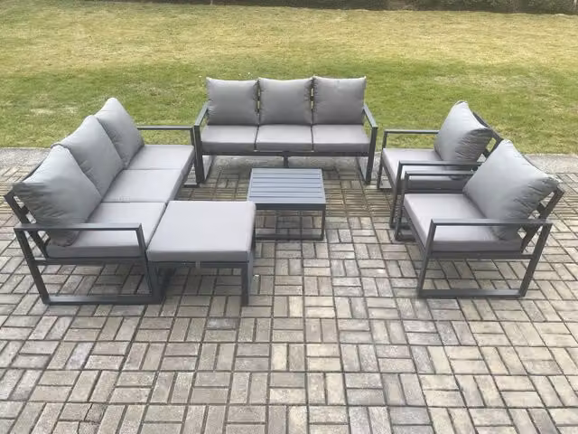 Fimous Modern Powder Coated Aluminium Outdoor Lounge Sofa Set in Dark Grey with Coffee Table, 2 Armchairs and Ottoman
