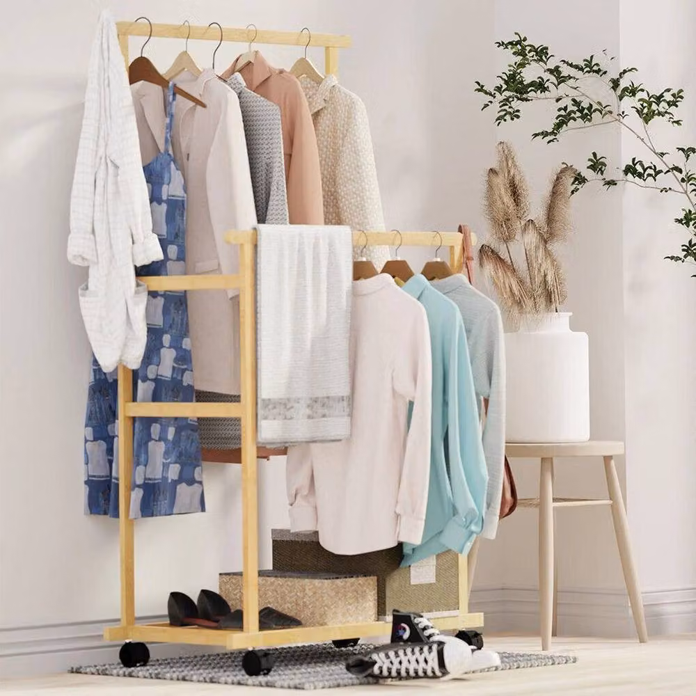 PAWNORA Wooden Clothes Rail Garment Rack Trolley in Natural Sand and Brown – 2