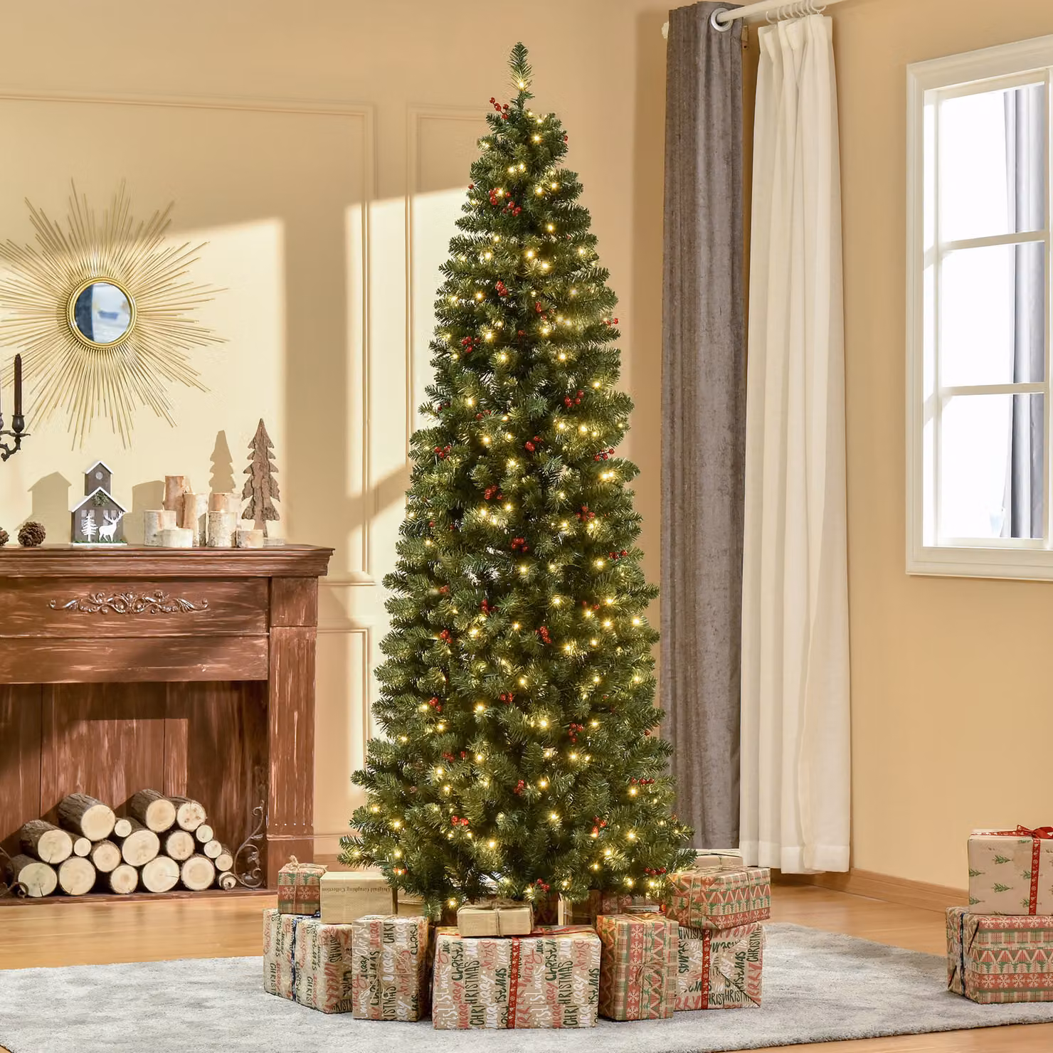 HOMCOM 7ft Prelit Artificial Pencil Christmas Tree with Warm White LED Lights and Red Berries in Green – 2