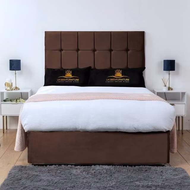 UK Bed Furniture Florence Modern Upholstered Divan Bed Base with 26 Inch Headboard in Brown, Size: Double (W/D/H: 140 x 200 cm)