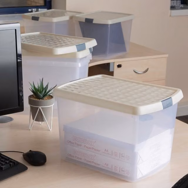 Wham Set of 5 Rectangular Plastic Storage Boxes with Lids and Handles, 21.5 l, Beige
