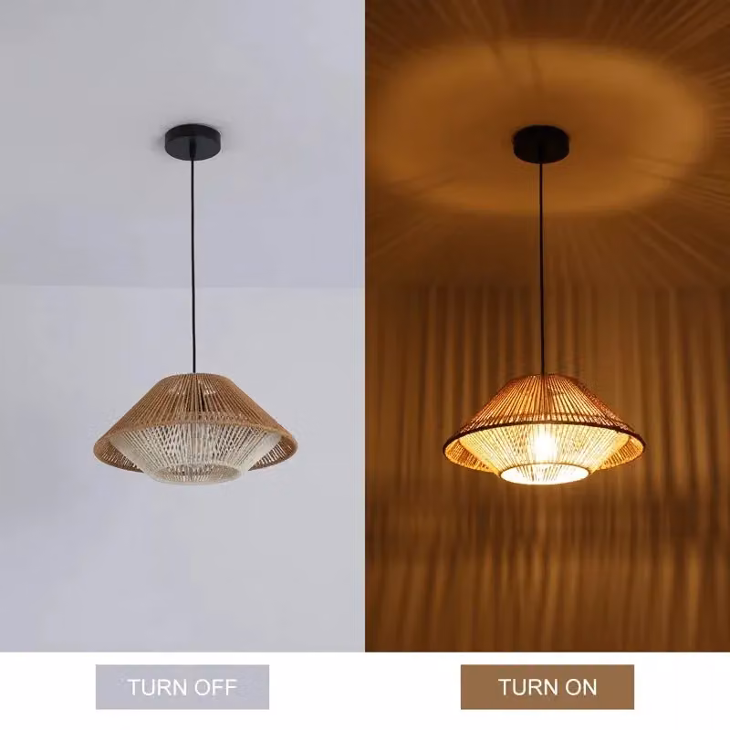 Garwarm Brown Rattan Farmhouse Cone Pendant Light with Adjustable Height and Dimmable Function – 6