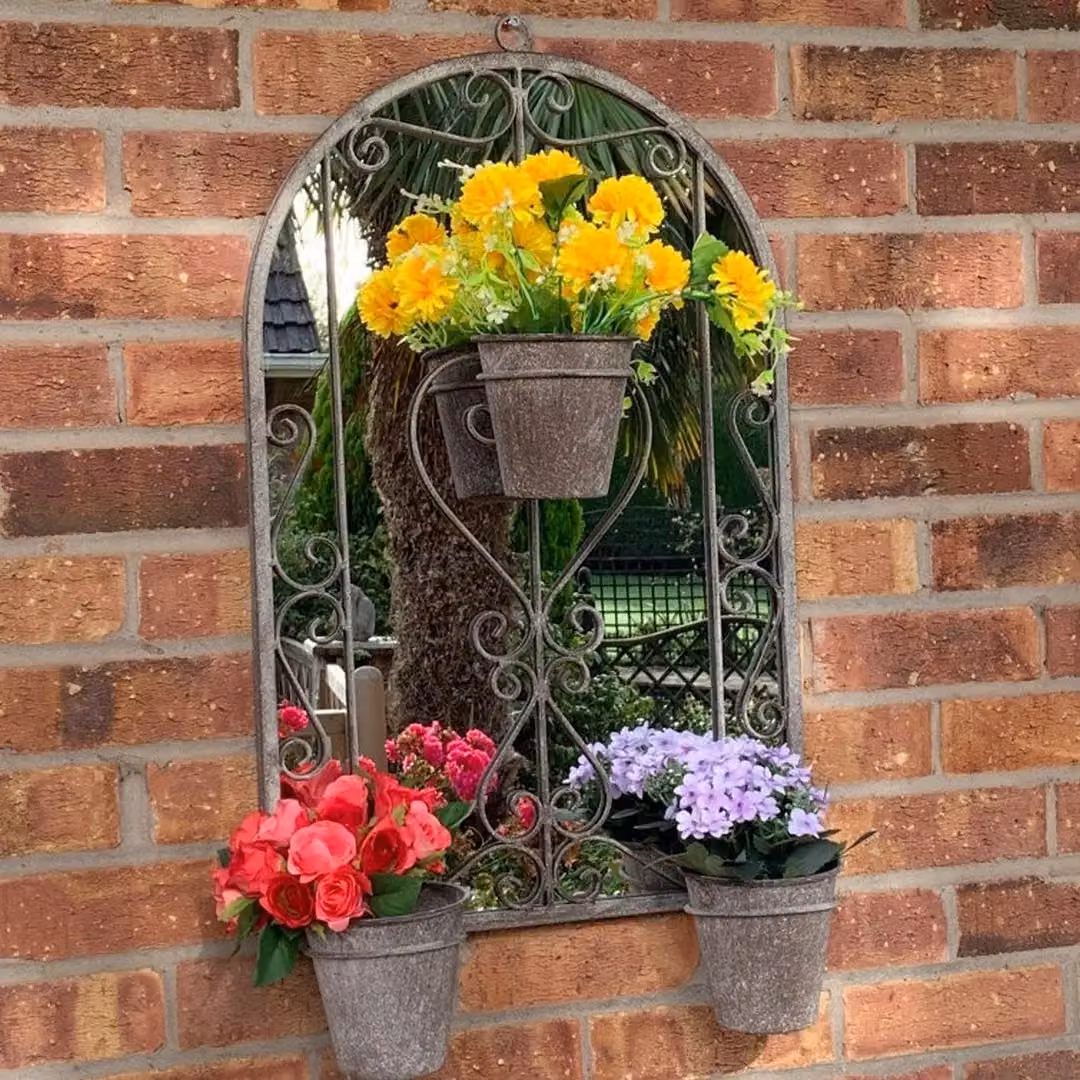 Minster Rustic Metal Wall Mirror with Triple Planter in Grey, W: 45 cm, D: 15 cm, H: 78 cm – 3