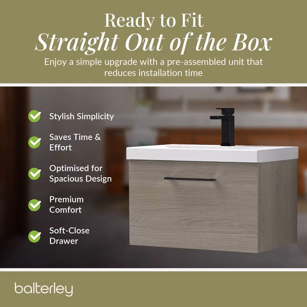 Balterley 600mm Wall Hung 1 Drawer Vanity Basin Unit in Mid Oak with Black Handle – 4