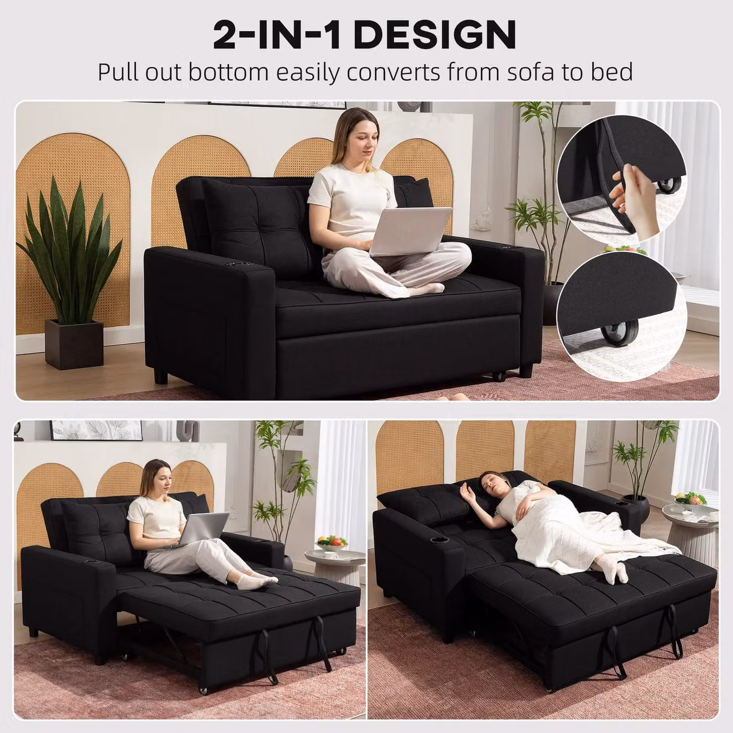 HOMCOM 2 Seater Pull Out Sofa Bed in Black with Fabric Upholstery and Foam Mattress – 4