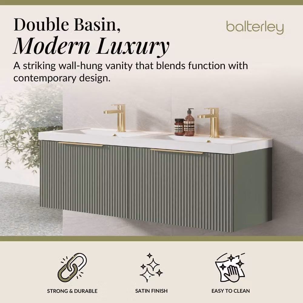 Balterley Fluted Front Wall Hung 2 Drawer Vanity Basin Unit, Satin Green, W: 120 cm – 2