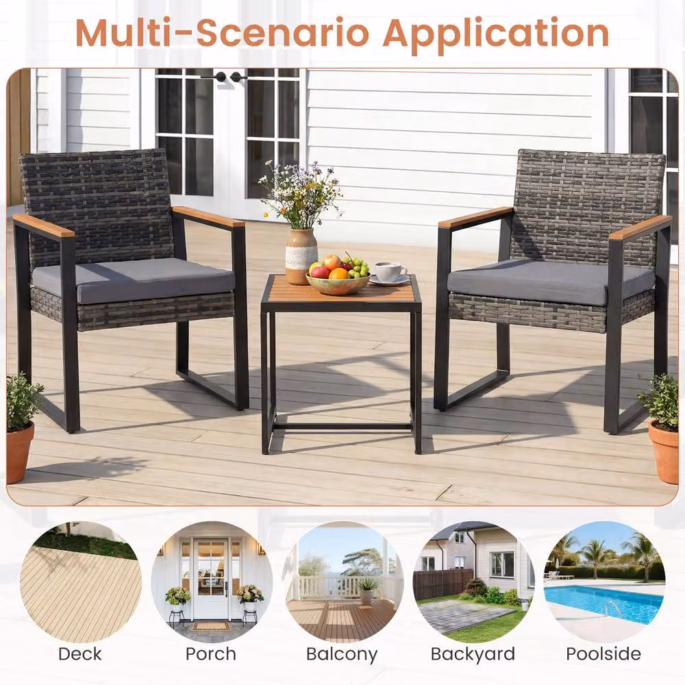 Costway 3-Piece Grey PE Wicker Patio Conversation Set with Cushions and Side Table – 5
