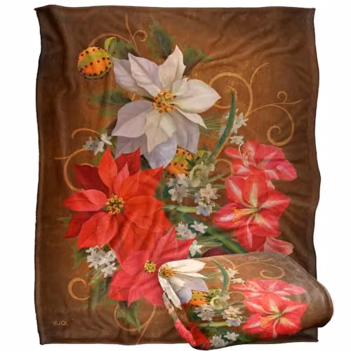 JQ Licensing Winter Floral Poinsettias Super Soft Fleece Throw Blanket, White, W/D/H: 152 x 127 cm – 6