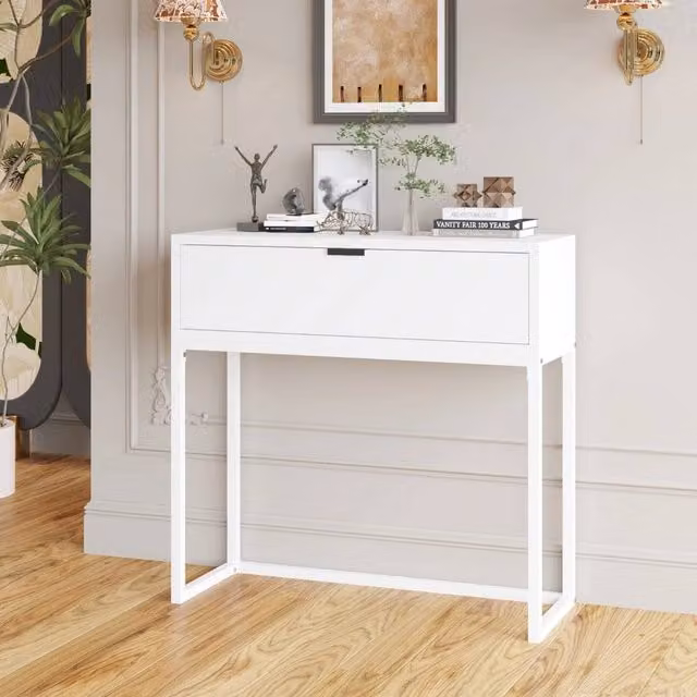 VOGREX White Modern Console Table with MDF Top and Metal Frame for Hallway or Living Room