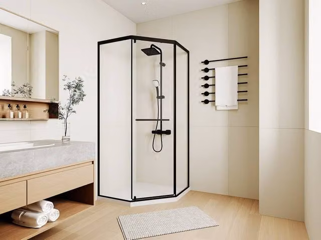 Vente-unique Pentagonal Glass Shower Enclosure with Tray, Matte Black, W/D/H: 90 x 90 x 195 cm