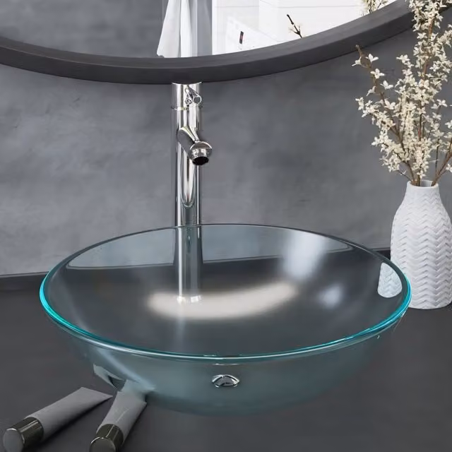 Berkfield Home Round Frosted Tempered Glass Countertop Bathroom Sink with Tap and Push Drain in Silver – 1