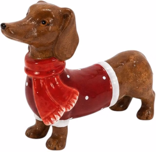 Four Candle Large Ceramic Sausage Dog Christmas Ornament in White and Brown – 1