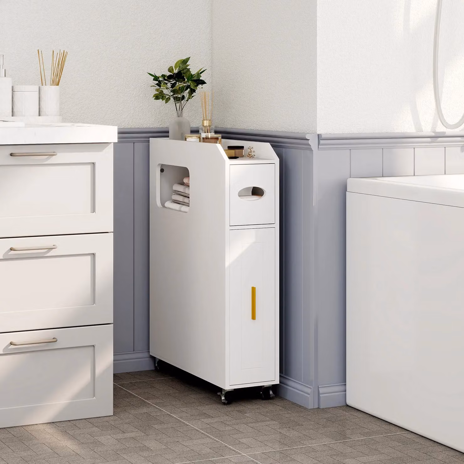 Costway Slim White Bathroom Storage Cabinet with Internal Shelves and Hinged Doors – 3