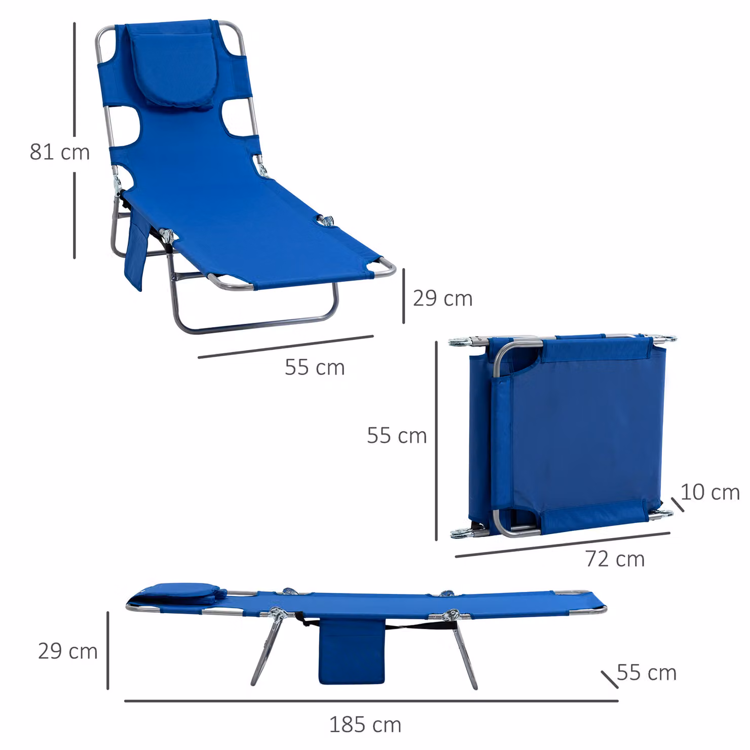 Outsunny 2 Piece Foldable Sun Lounger Set in Blue with Reading Hole and 5 Level Adjustable Backrest – 3