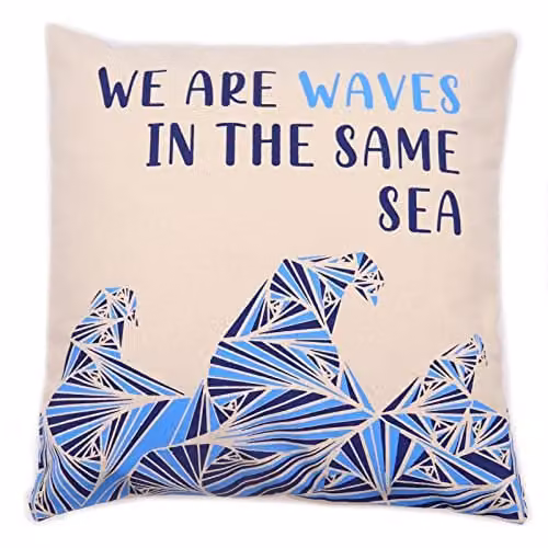 KDMD Set of 3 We are Waves Printed Cotton Cushion Covers in Grey and Blue, W/D/H: 45 x 45 x 45 cm