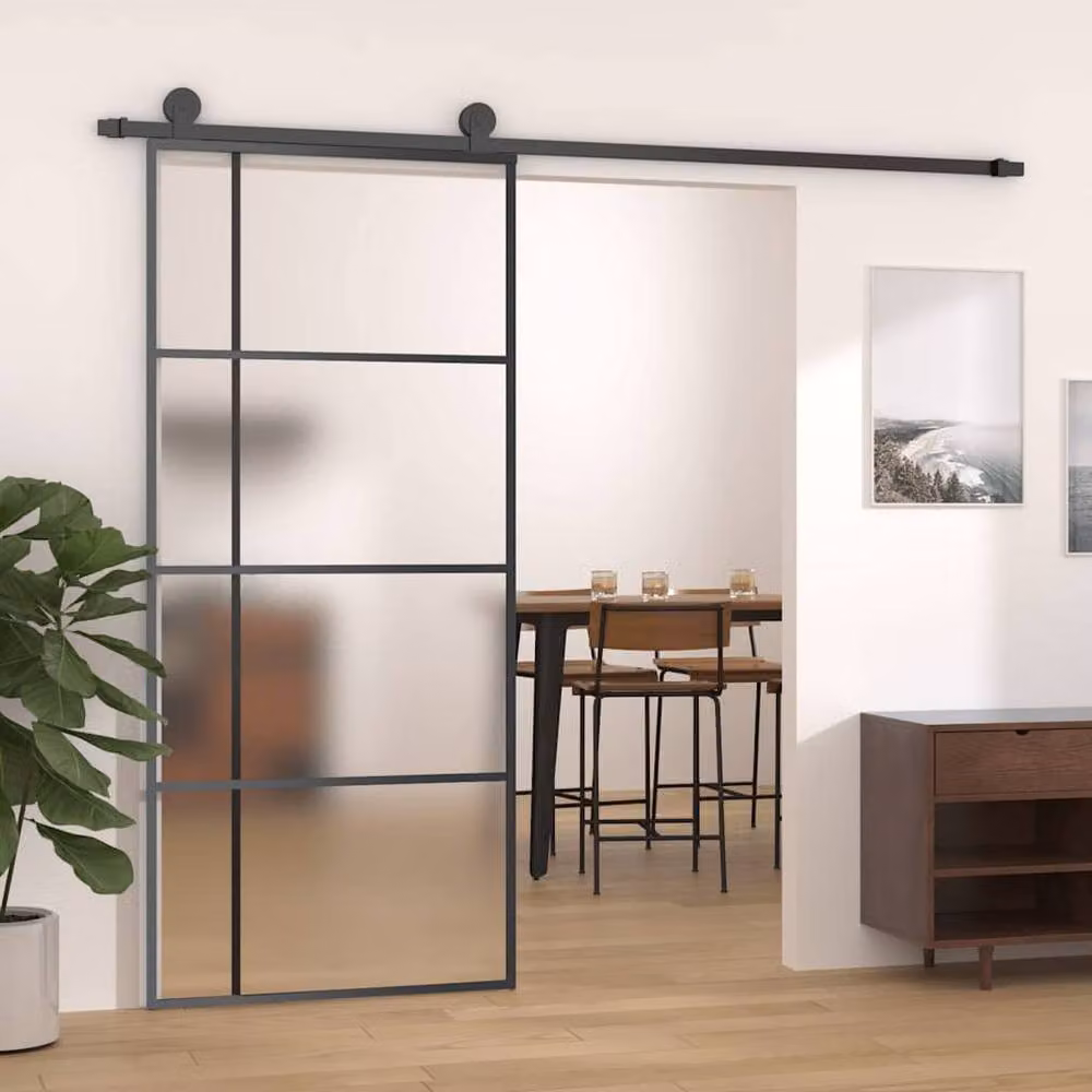 Berkfield Home Black Aluminium Sliding Door with Frosted ESG Glass, W: 90 cm, H: 205 cm – 1