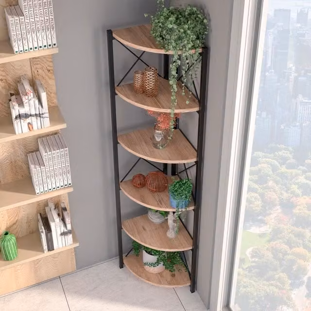 Woohoo Furniture Industrial Corner Plant Stand and Corner Shelves in Brown and Black