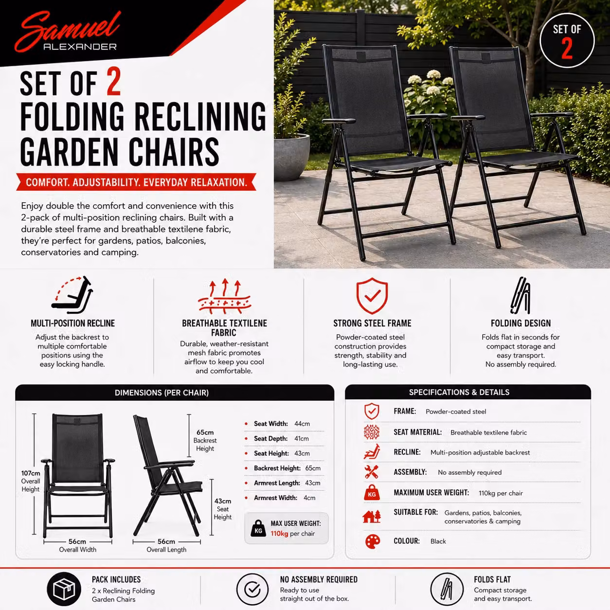 Samuel Alexander Set of 2 Black Multi Position Reclining Outdoor Folding Garden Chairs with Armrests – 4