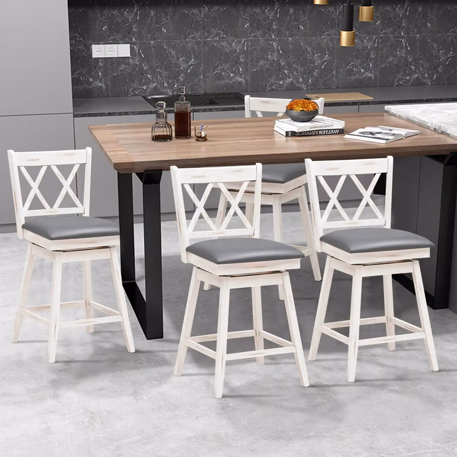 Costway Set of 2 White Upholstered Counter Height Bar Stools with 360 Degree Swivel Seats – 2