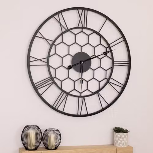 CHARLES BENTLEY Stanwick Round Metal Wall Clock in Black, Silent Quartz Analog Design with Roman Numerals, W/D/H: 90 x 90 x 4.5 cm – 1
