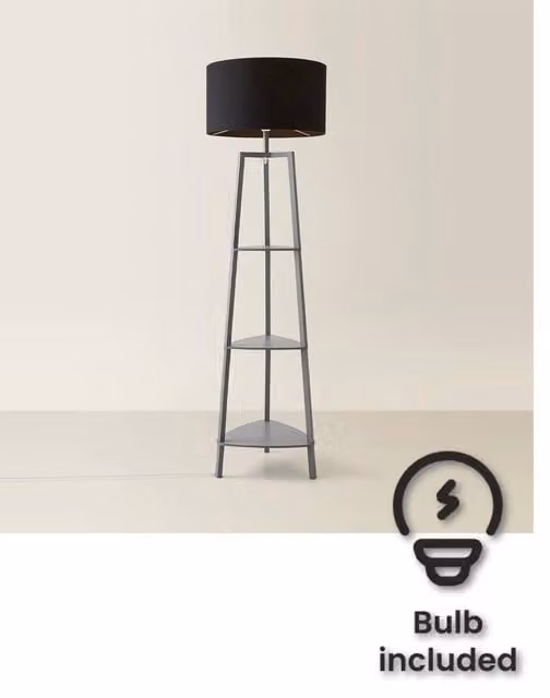ValueLights Hiru 3 Tier Shelf Floor Lamp in Black and Grey with Large Drum Shade and Bulb Included