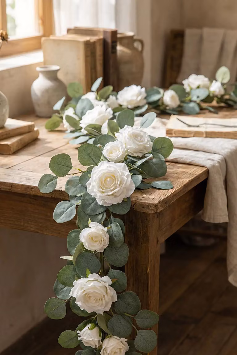Living and Home Artificial Rose and Eucalyptus Garland Vine Wall Hanging Decor, Green and White, 185 cm
