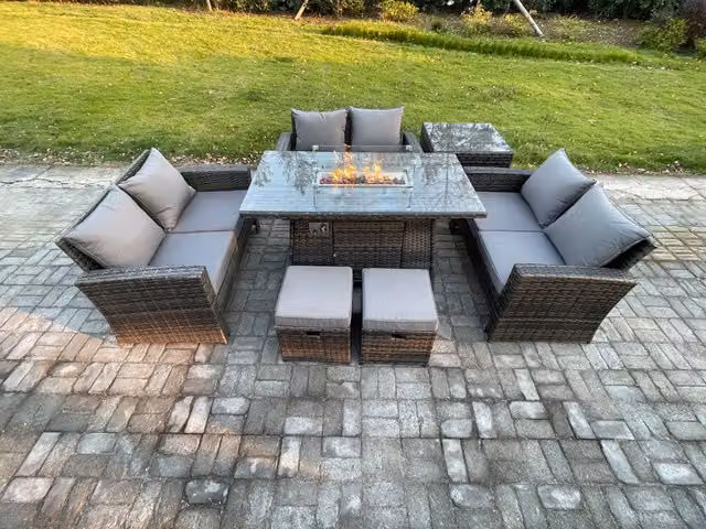 Fimous High Back Rattan Garden Furniture Set with Gas Firepit Dining Table, Side Table and 2 Small Footstools in Dark Grey