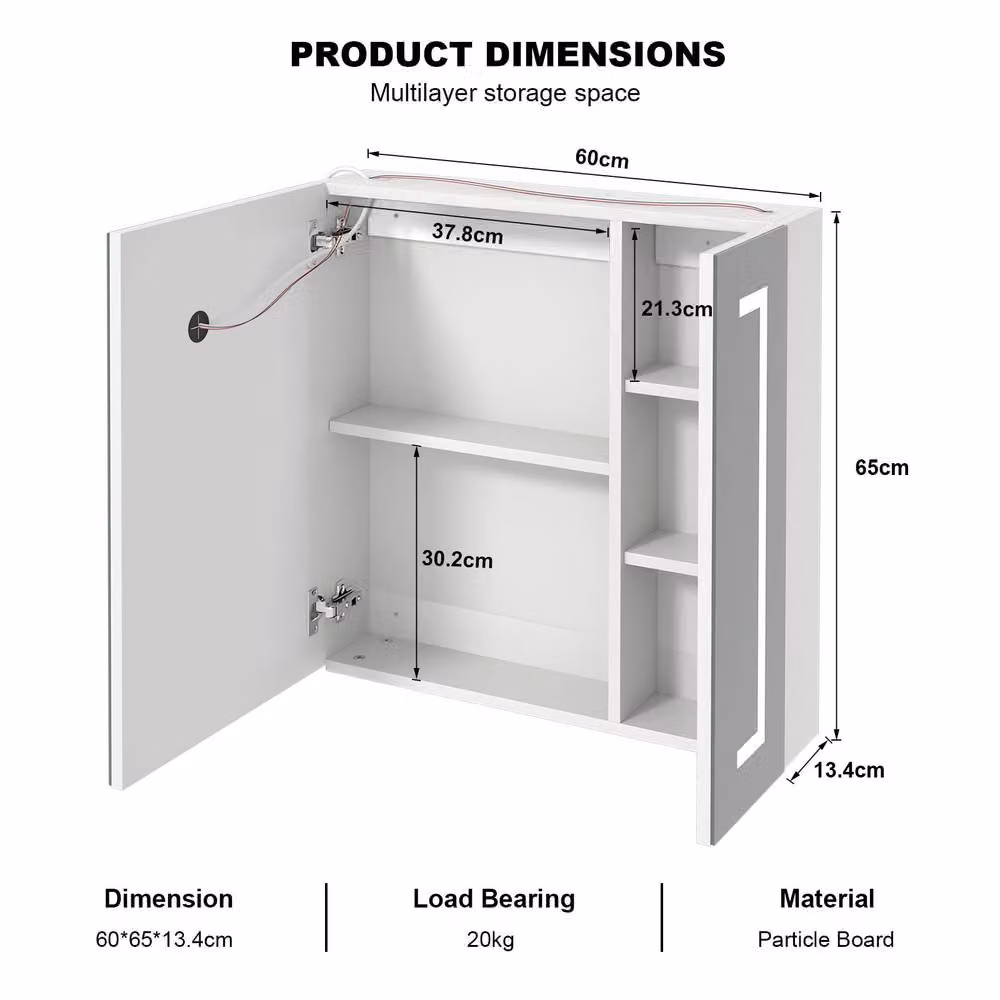 KEEPREAPER White Modern Bathroom Mirror Cabinet with LED Lighting and Anti-Fog Defogger, W: 60 cm, H: 65 cm – 2