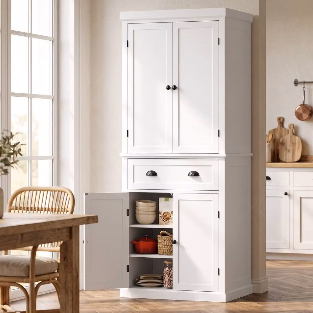 HOMCOM Tall Freestanding Kitchen Storage Cabinet in White with Hinged Doors and Internal Shelves, Height: 183 cm – 2