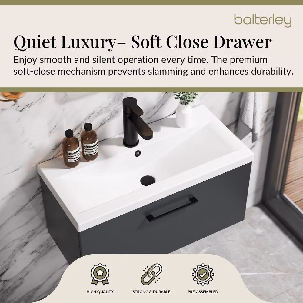 Balterley 800mm Wall Hung 1 Drawer Vanity Basin Unit in Dark Grey with Black Handle – 3