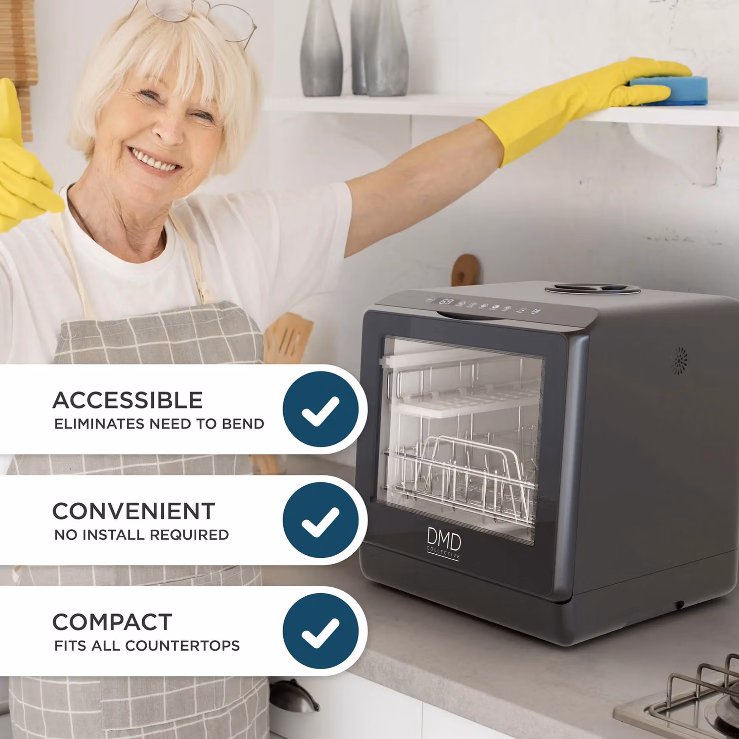 DMD Collective Mini Countertop Dishwasher in Black with 5L Built-In Water Tank and 6 Wash Programmes – 7